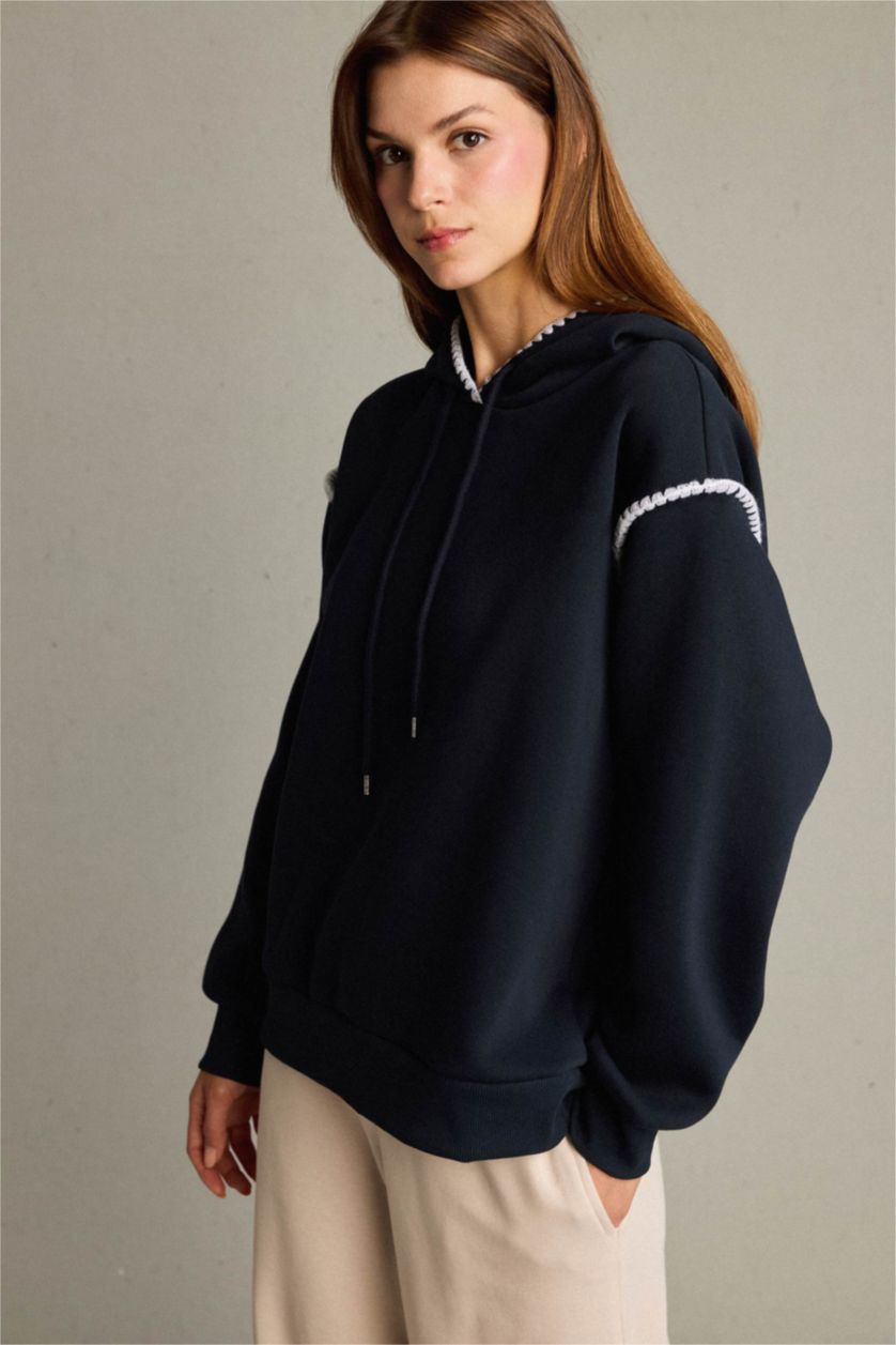 Kadın Lacivert Overshirt Fit Kapüşonlu Sweatshirt