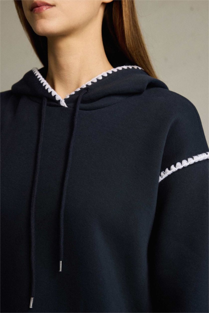 Kadın Lacivert Overshirt Fit Kapüşonlu Sweatshirt