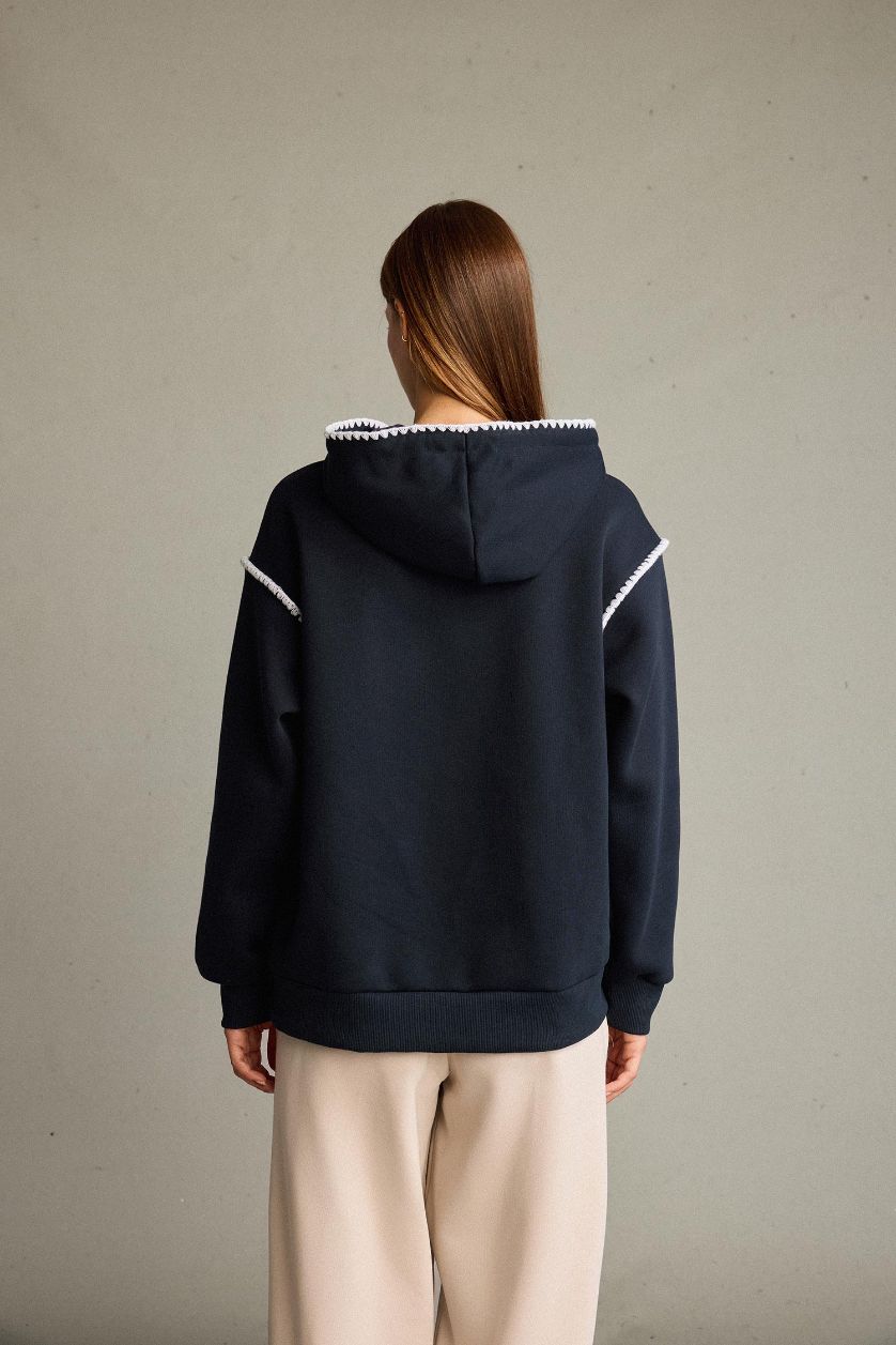 Kadın Lacivert Overshirt Fit Kapüşonlu Sweatshirt