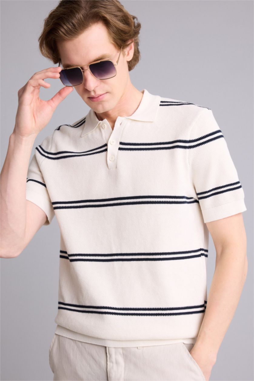Erkek Taş Standart Fit Çizgili Kısa Kollu  Polo Tişört
