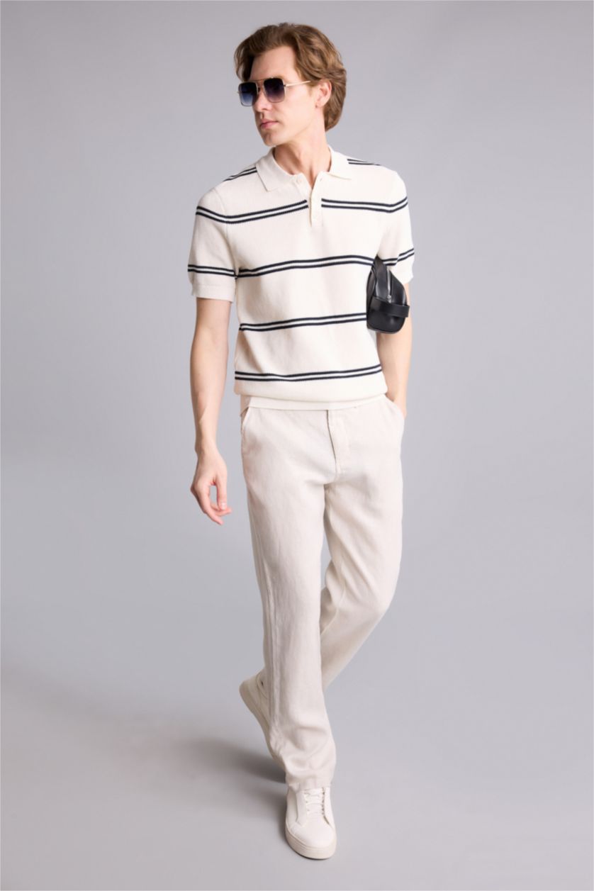 Erkek Taş Standart Fit Çizgili Kısa Kollu  Polo Tişört