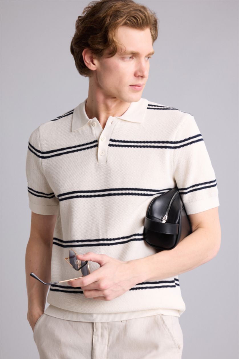 Erkek Taş Standart Fit Çizgili Kısa Kollu  Polo Tişört