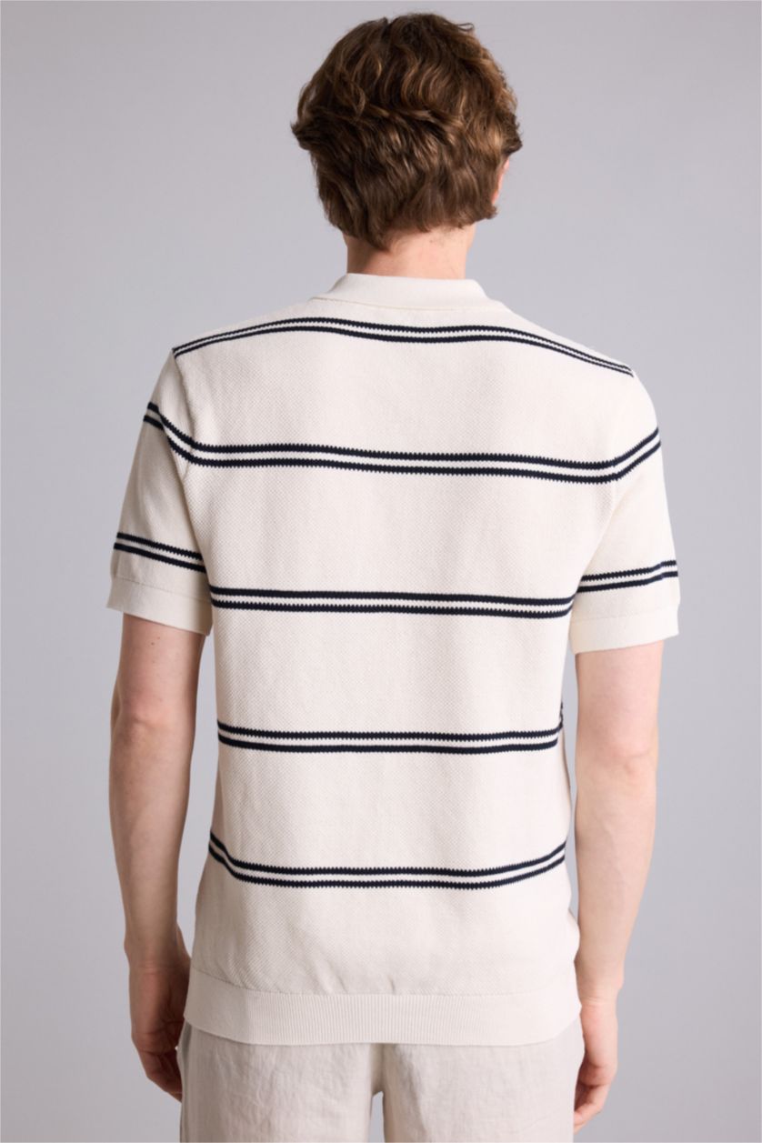 Erkek Taş Standart Fit Çizgili Kısa Kollu  Polo Tişört