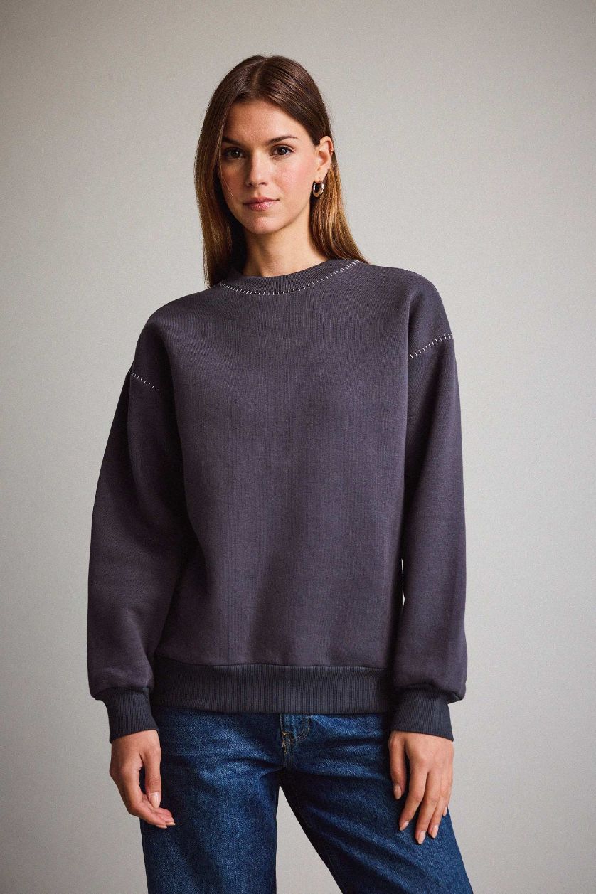 Kadın Gri Melanj Overshirt Fit Bisiklet Yaka Sweatshirt