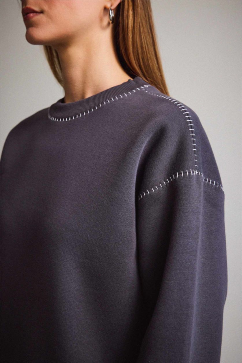 Kadın Gri Melanj Overshirt Fit Bisiklet Yaka Sweatshirt