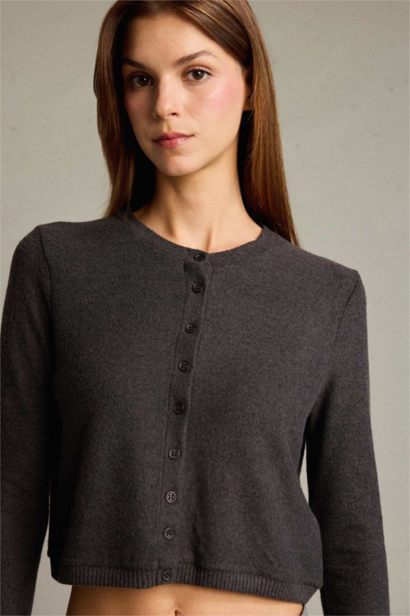 Kadın Antrasit Düğmeli Triko Hırka