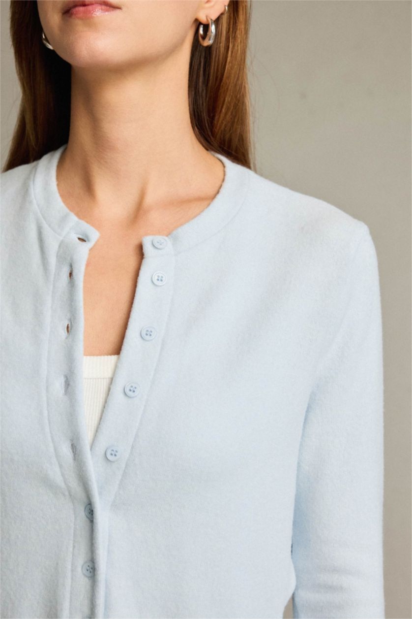Woman Light Blue Regular Fit Crew Neck Cardigan