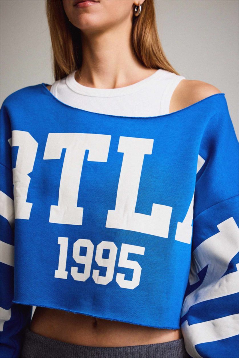 Kadın Saks Kayık Yaka Baskılı Sweatshirt