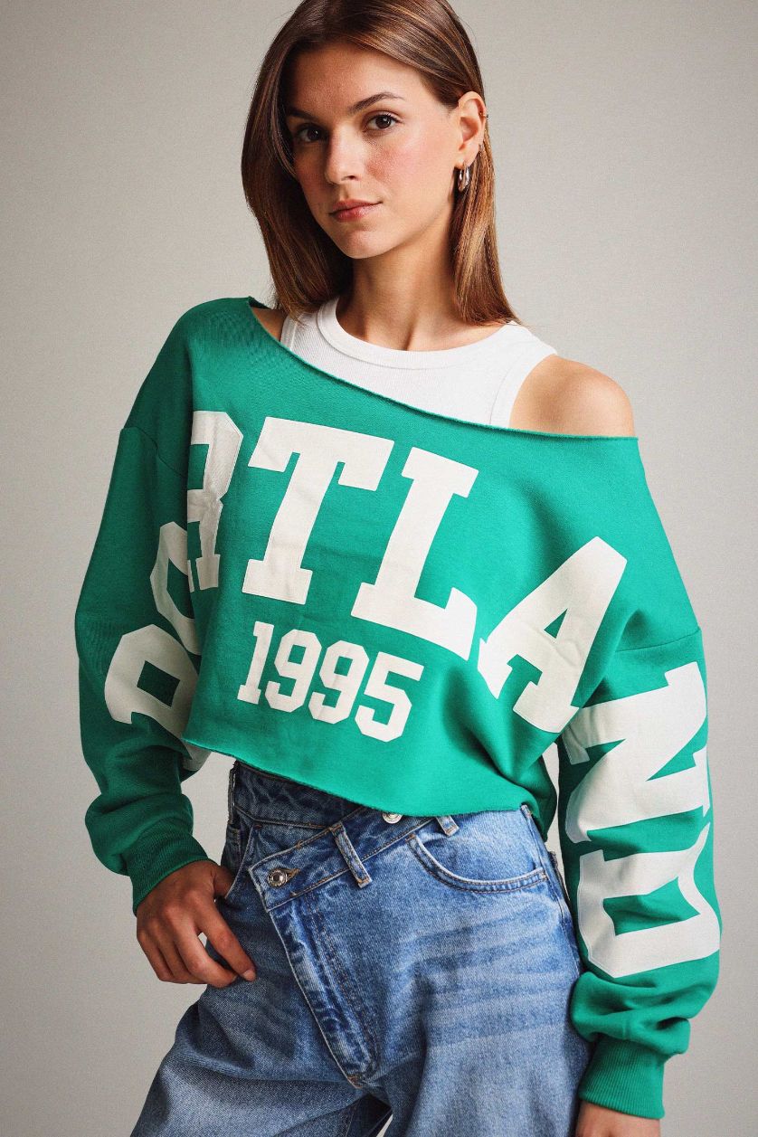 Kadın Haki Kayık Yaka Baskılı Sweatshirt