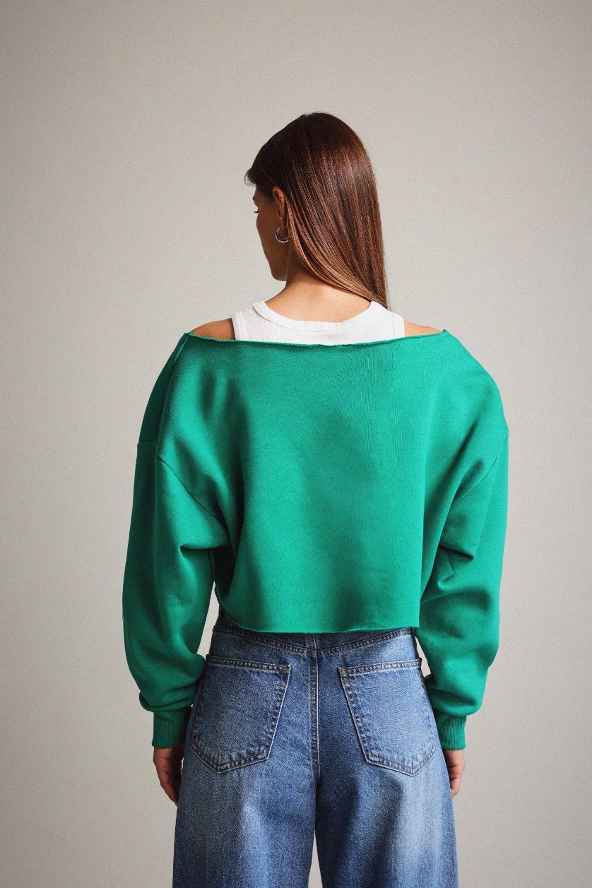 Kadın Haki Kayık Yaka Baskılı Sweatshirt