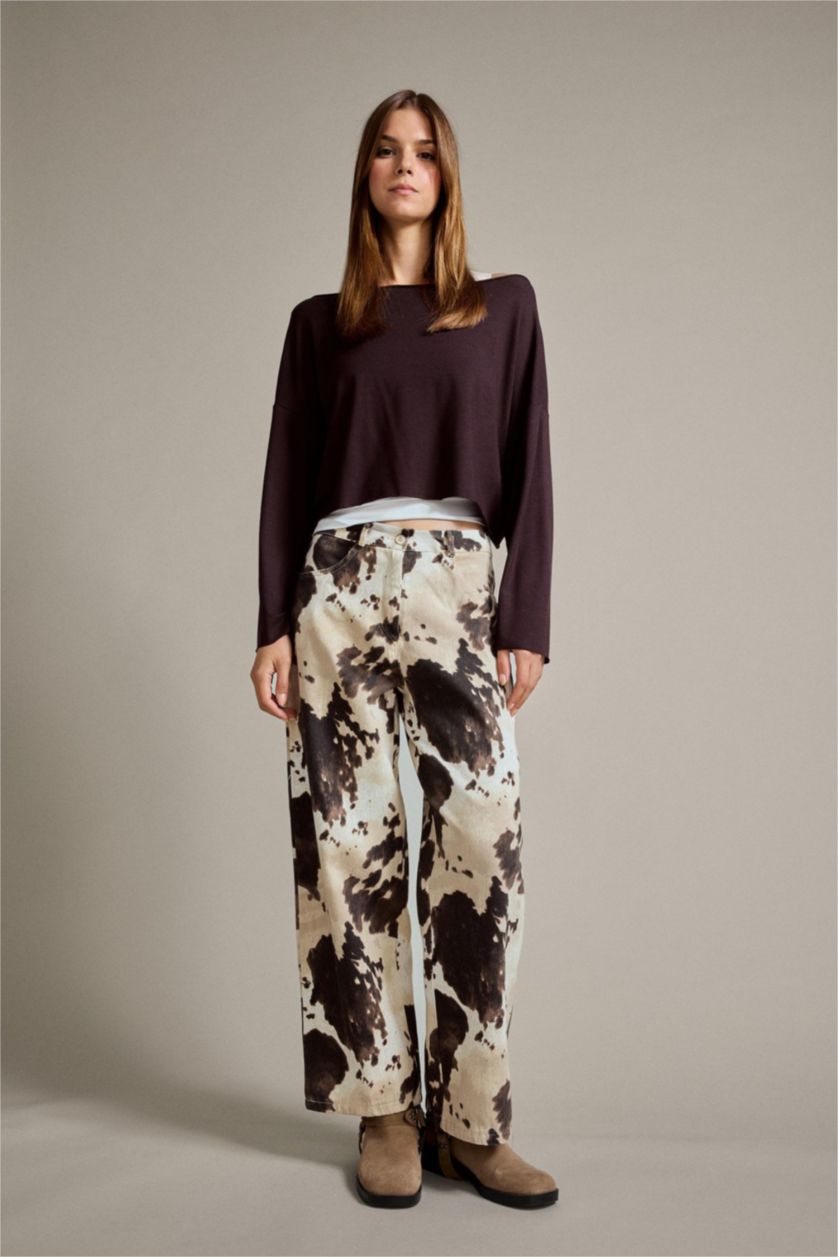 Kadın Kahve Regular Fit Kayık Yaka Modal Sweatshirt