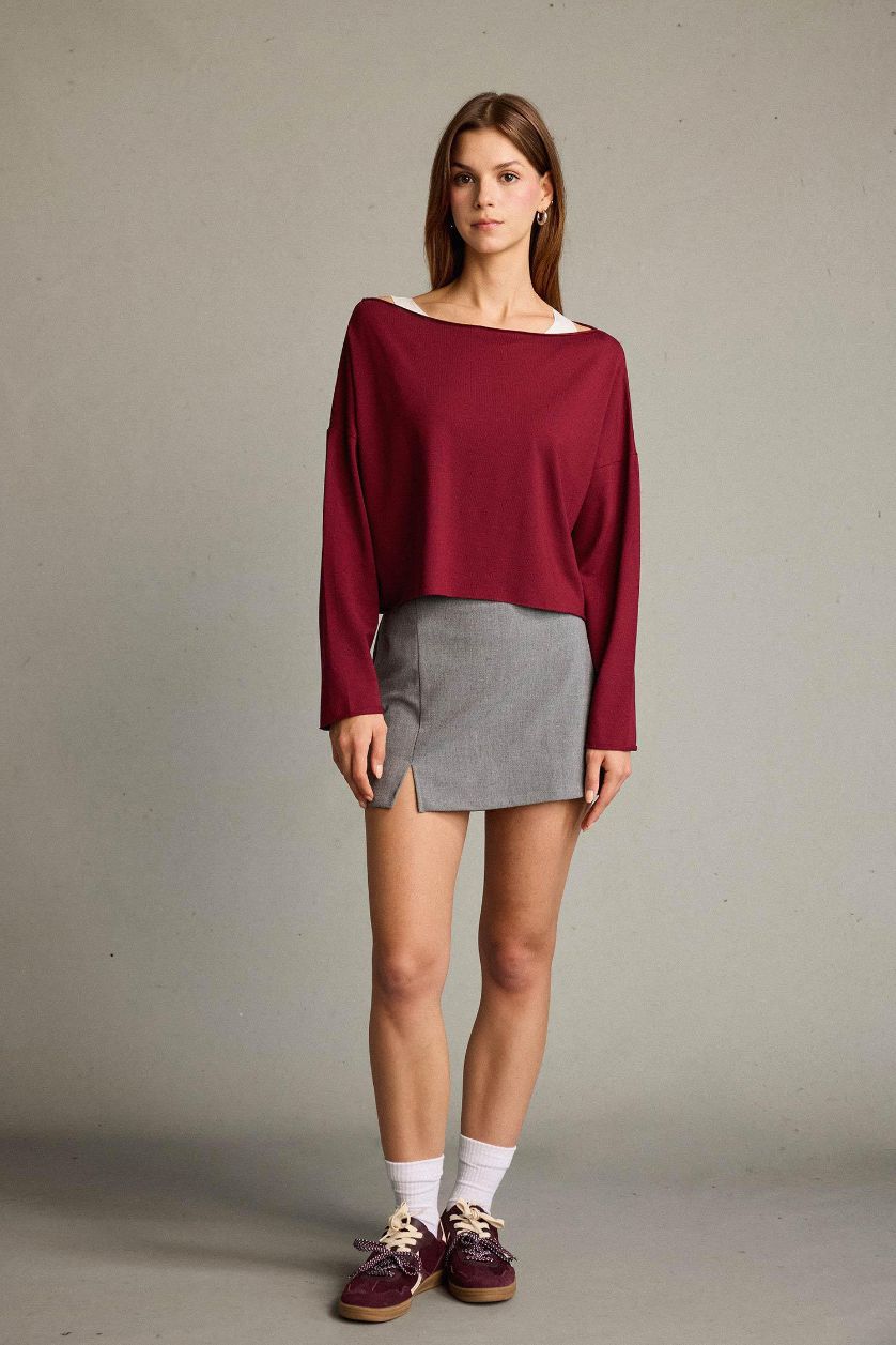 Kadın Bordo Regular Fit Kayık Yaka Modal Sweatshirt