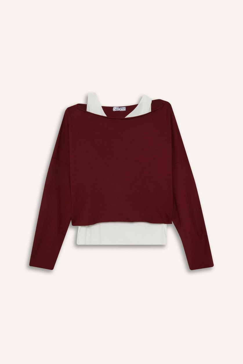 Kadın Bordo Regular Fit Kayık Yaka Modal Sweatshirt