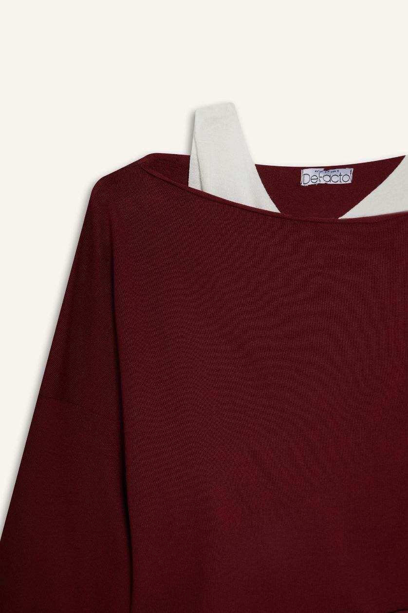 Kadın Bordo Regular Fit Kayık Yaka Modal Sweatshirt