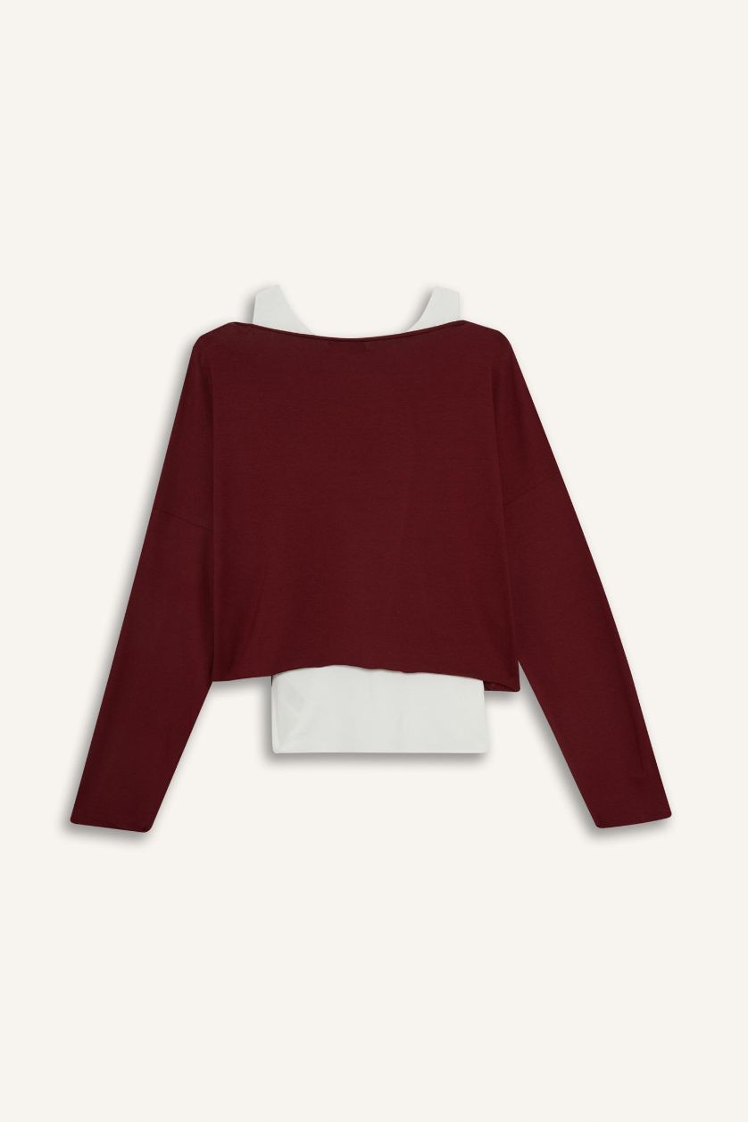 Kadın Bordo Regular Fit Kayık Yaka Modal Sweatshirt