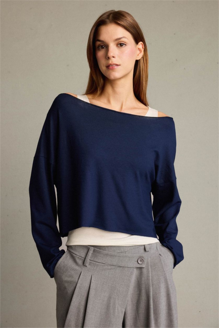 Kadın Lacivert Regular Fit Kayık Yaka Modal Sweatshirt