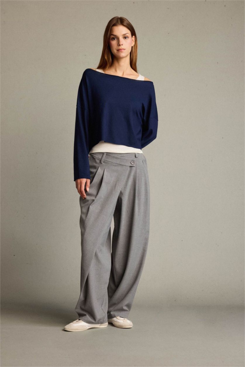 Kadın Lacivert Regular Fit Kayık Yaka Modal Sweatshirt