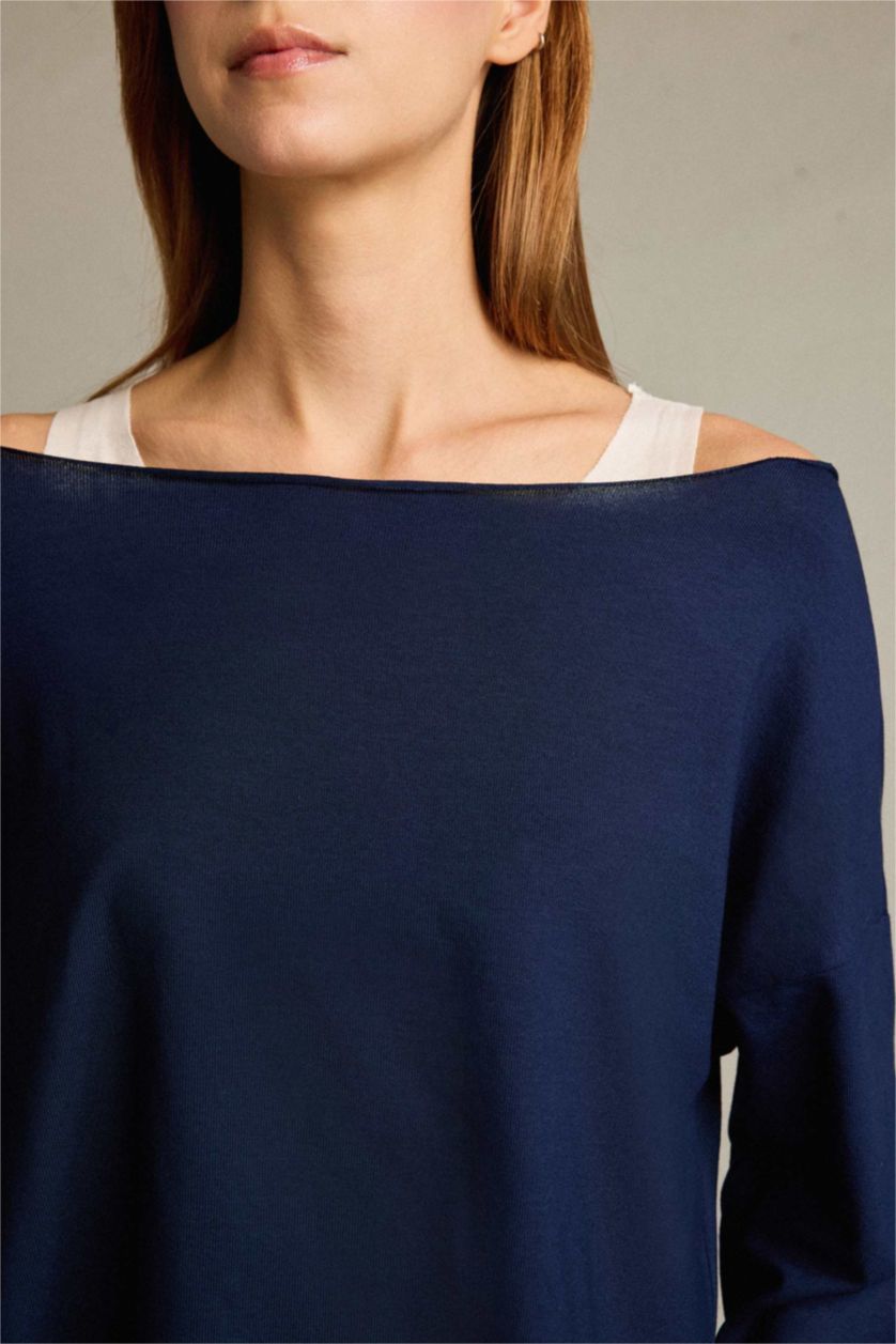 Kadın Lacivert Regular Fit Kayık Yaka Modal Sweatshirt