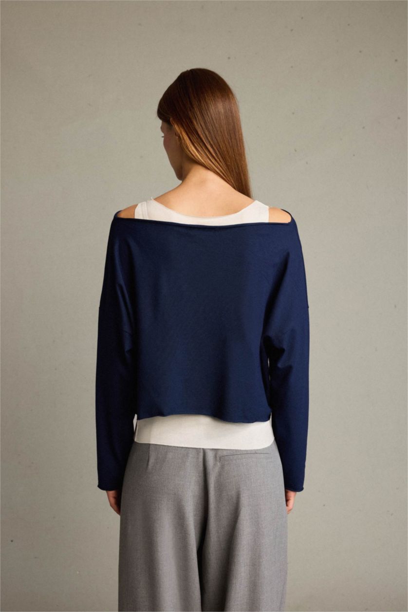 Kadın Lacivert Regular Fit Kayık Yaka Modal Sweatshirt