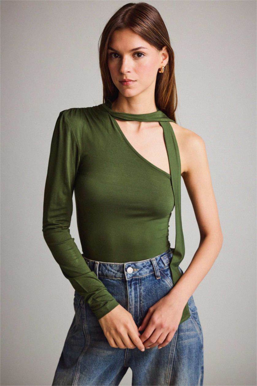 Kadın Deniz Mavisi Tek Omuzlu Bağlama Detaylı Bluz