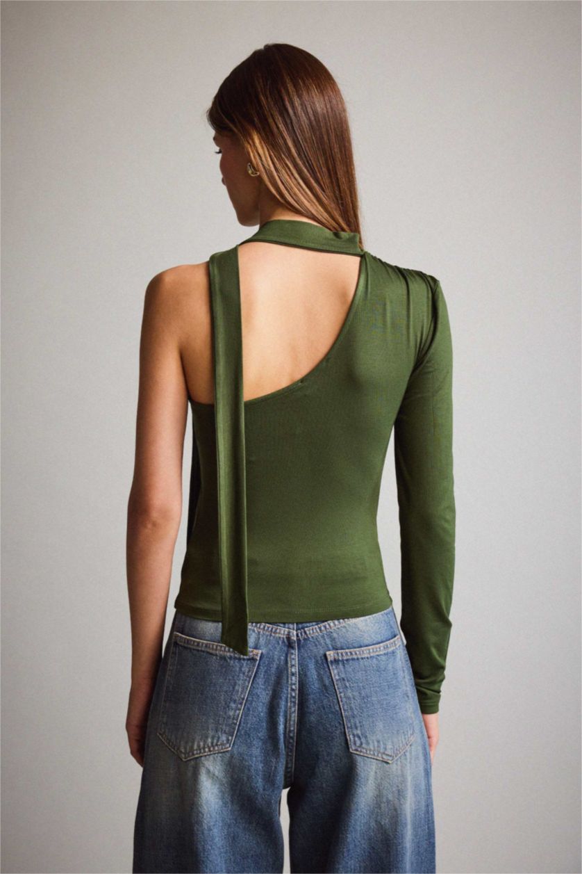 Kadın Deniz Mavisi Tek Omuzlu Bağlama Detaylı Bluz