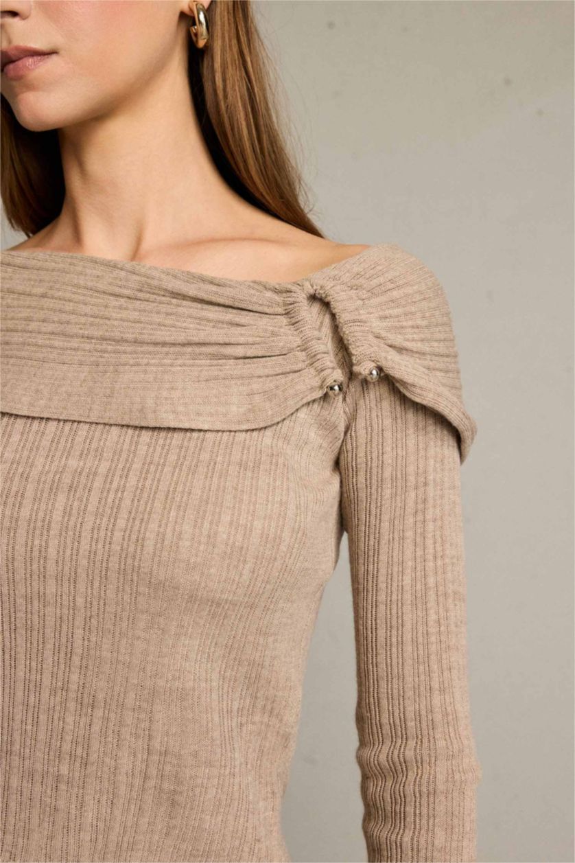 Женщины Светло коричневый Блузка с открытыми плечами пряжкой и длинным рукавом