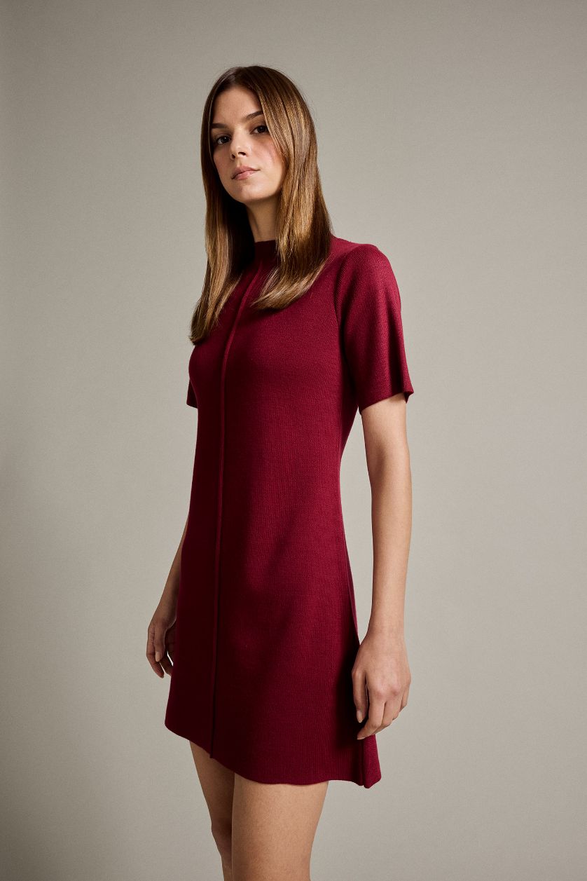 Kadın Bordo Bisiklet Yaka Kısa Kollu Mini Elbise