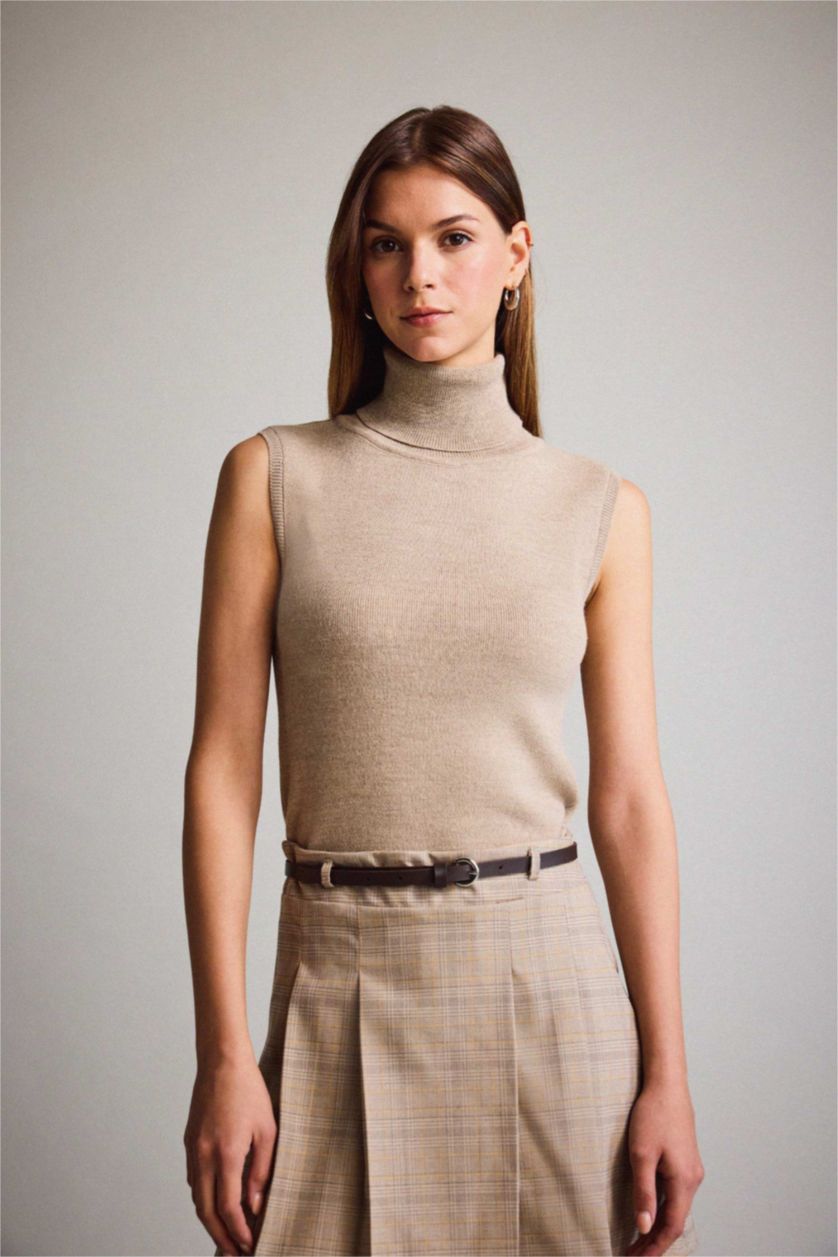 Kadın Bej Balıkçı Yaka Triko Atlet