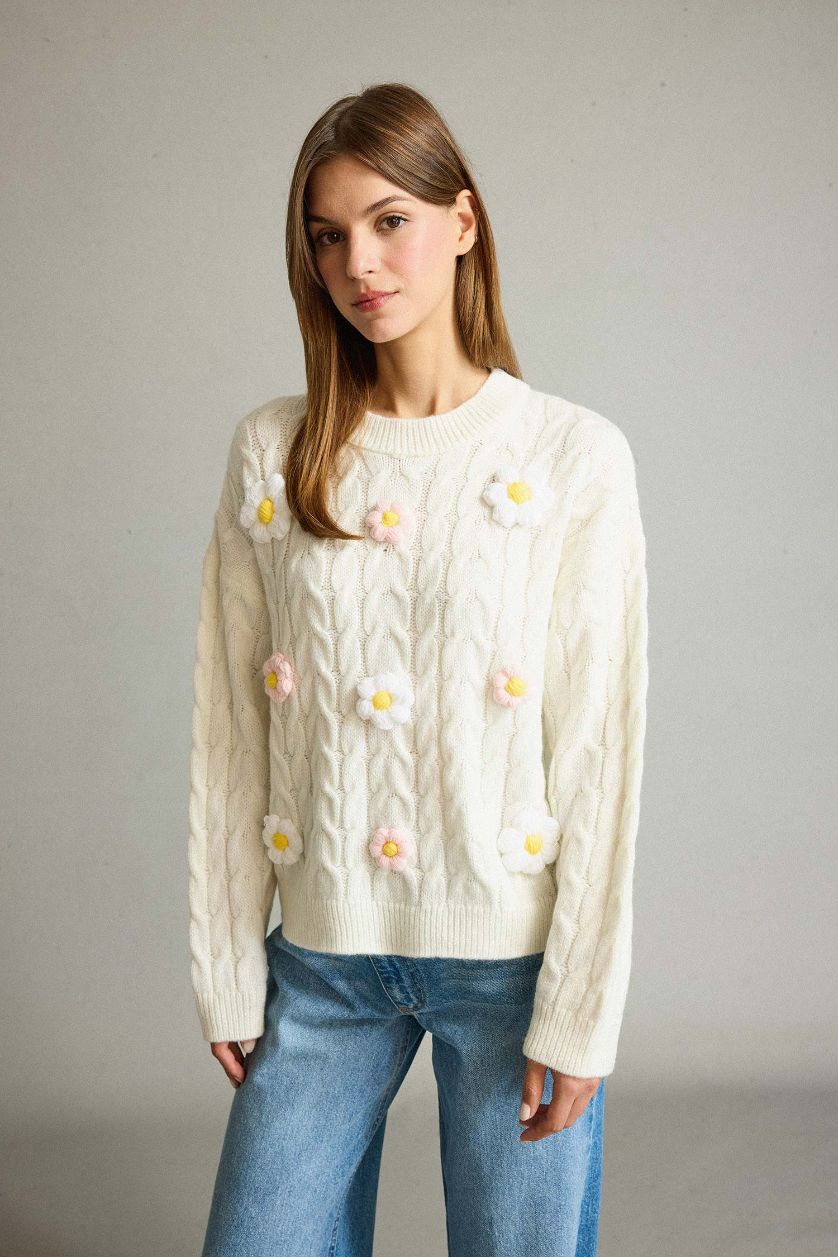 Kadın Ekru Bisiklet Yaka Çiçekli Triko Kazak