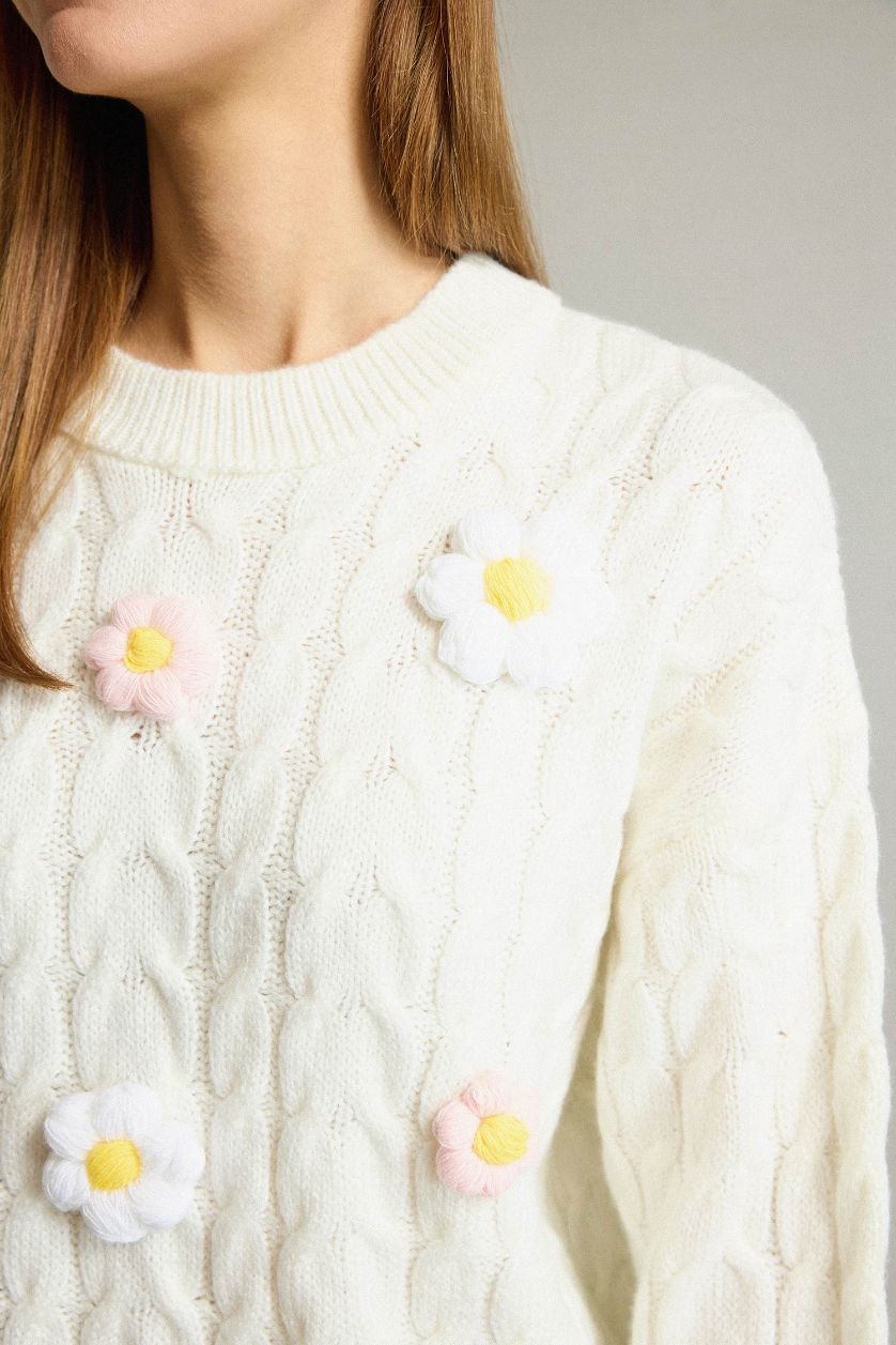 Kadın Ekru Bisiklet Yaka Çiçekli Triko Kazak