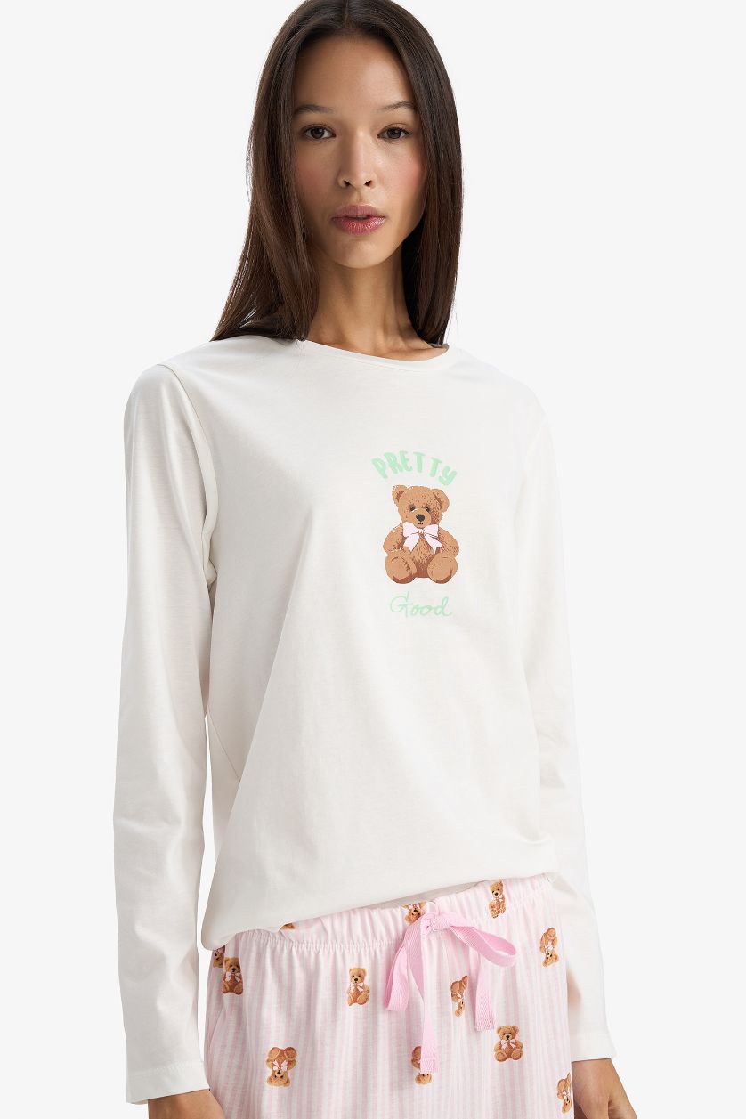 Kadın Açık Pembe Pijama Takımı Regular Fit Ayı Baskılı Uzun Kollu Üst Desenli Uzun Alt