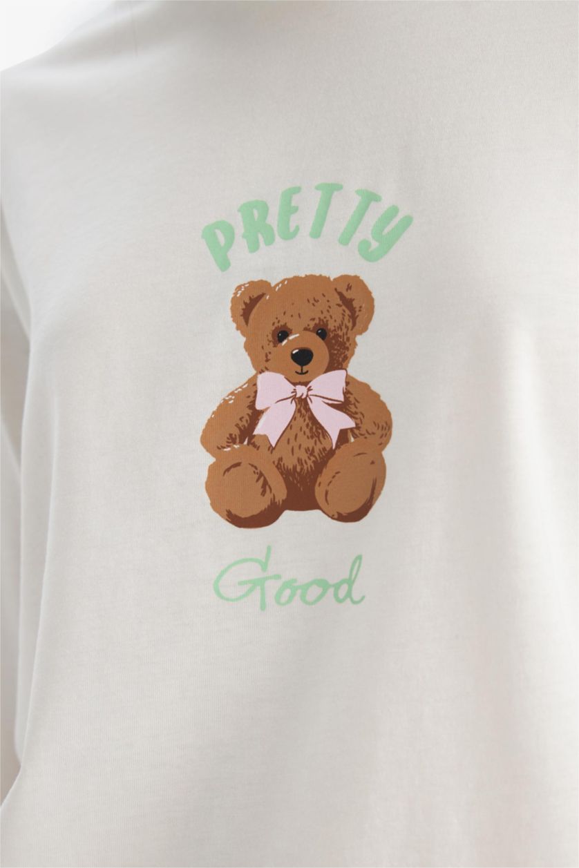 Kadın Açık Pembe Pijama Takımı Regular Fit Ayı Baskılı Uzun Kollu Üst Desenli Uzun Alt