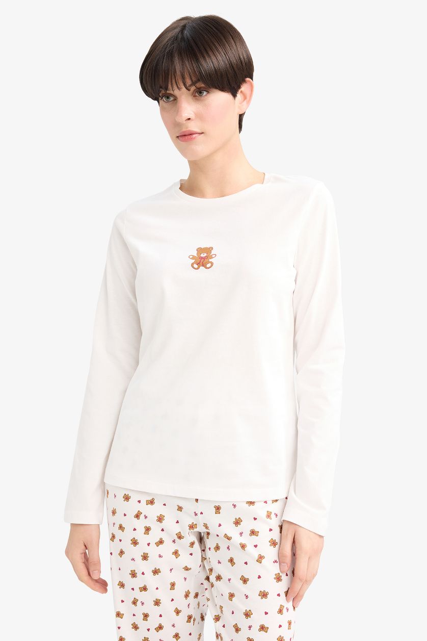 Kadın Ekru Pijama Takımı Regular Fit Baskılı Uzun Kollu Üst Desenli Uzun Alt