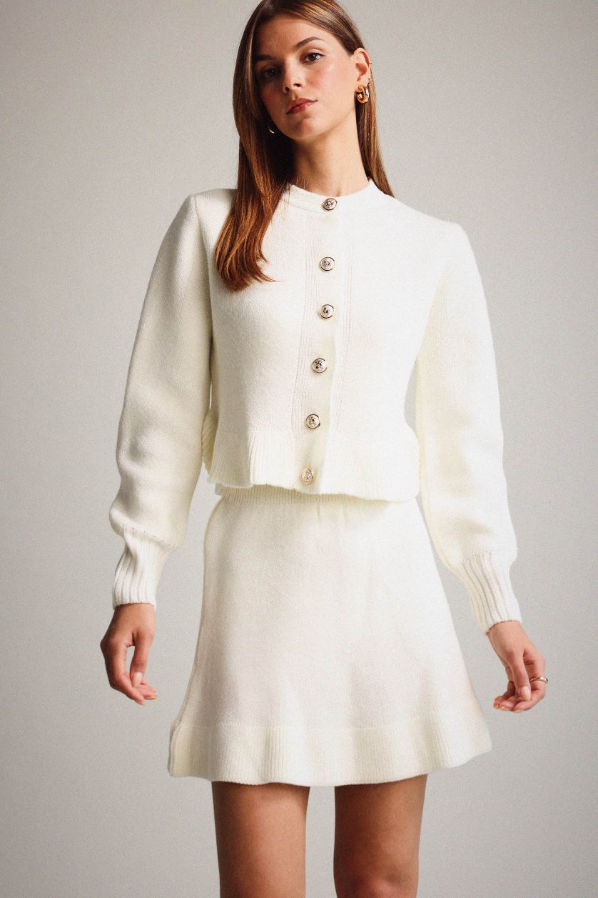 Kadın Ekru Triko Pileli Mini Etek