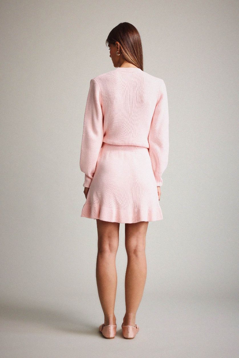 Kadın Pembe Triko Pileli Mini Etek