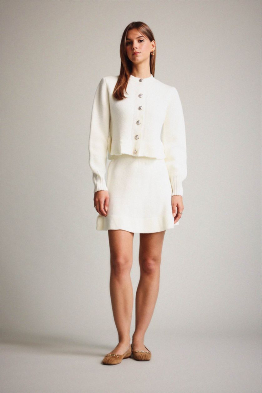 Kadın Ekru Bisiklet Yaka Düğmeli Triko Hırka