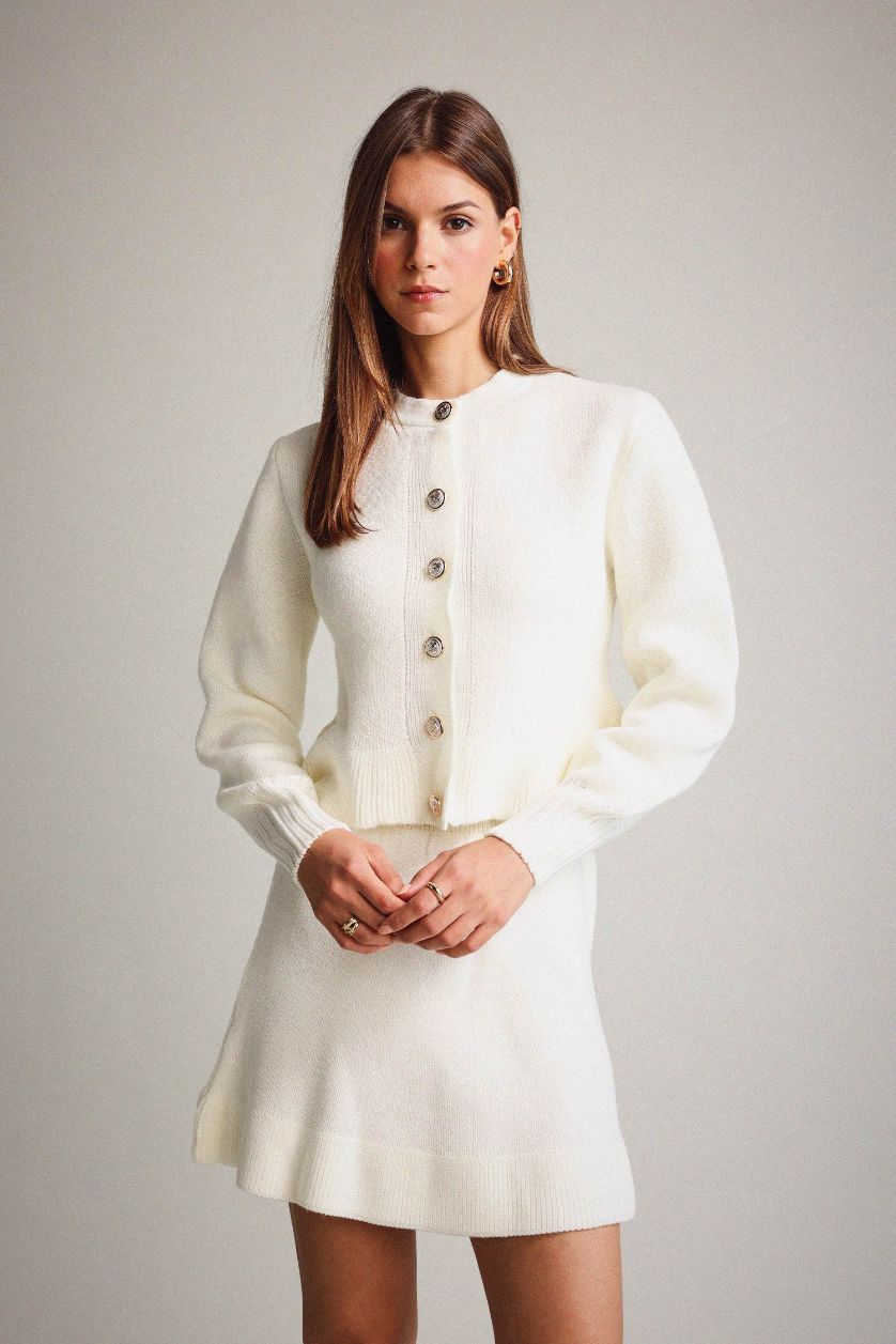 Kadın Ekru Bisiklet Yaka Düğmeli Triko Hırka