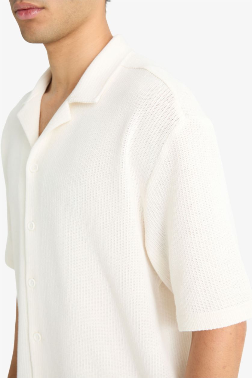 Erkek Ekru Boxy Fıt Polo Yaka Penye Kısa Kollu Gömlek