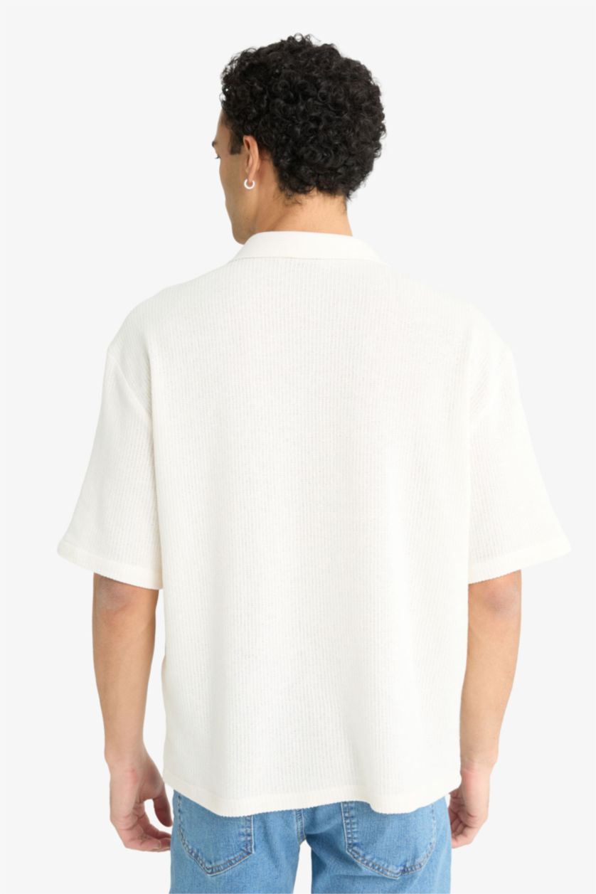 Erkek Ekru Boxy Fıt Polo Yaka Penye Kısa Kollu Gömlek