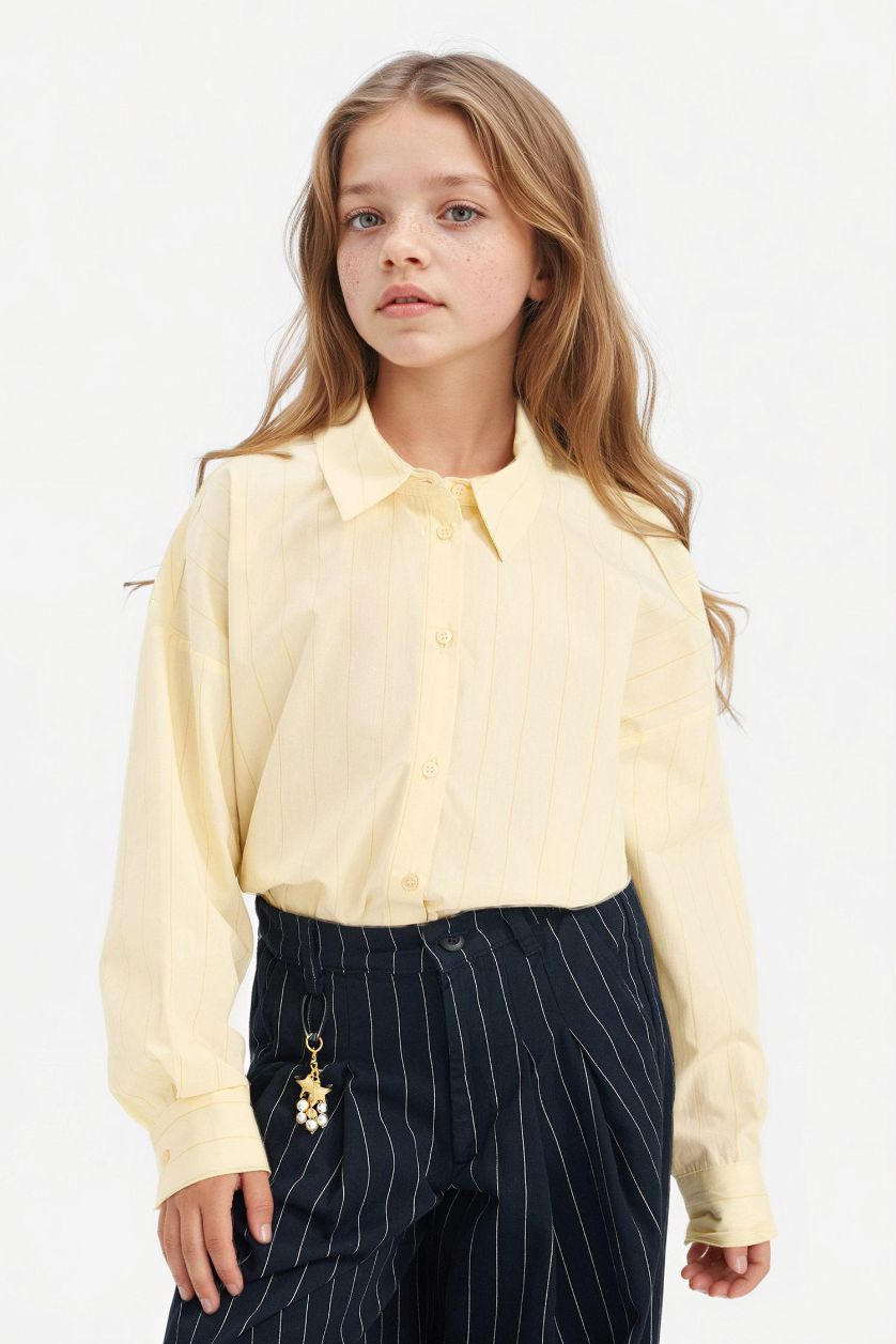 Kız Çocuk - Genç Kız Açık Sarı Poplin Uzun Kollu Gömlek Kız Çocuk