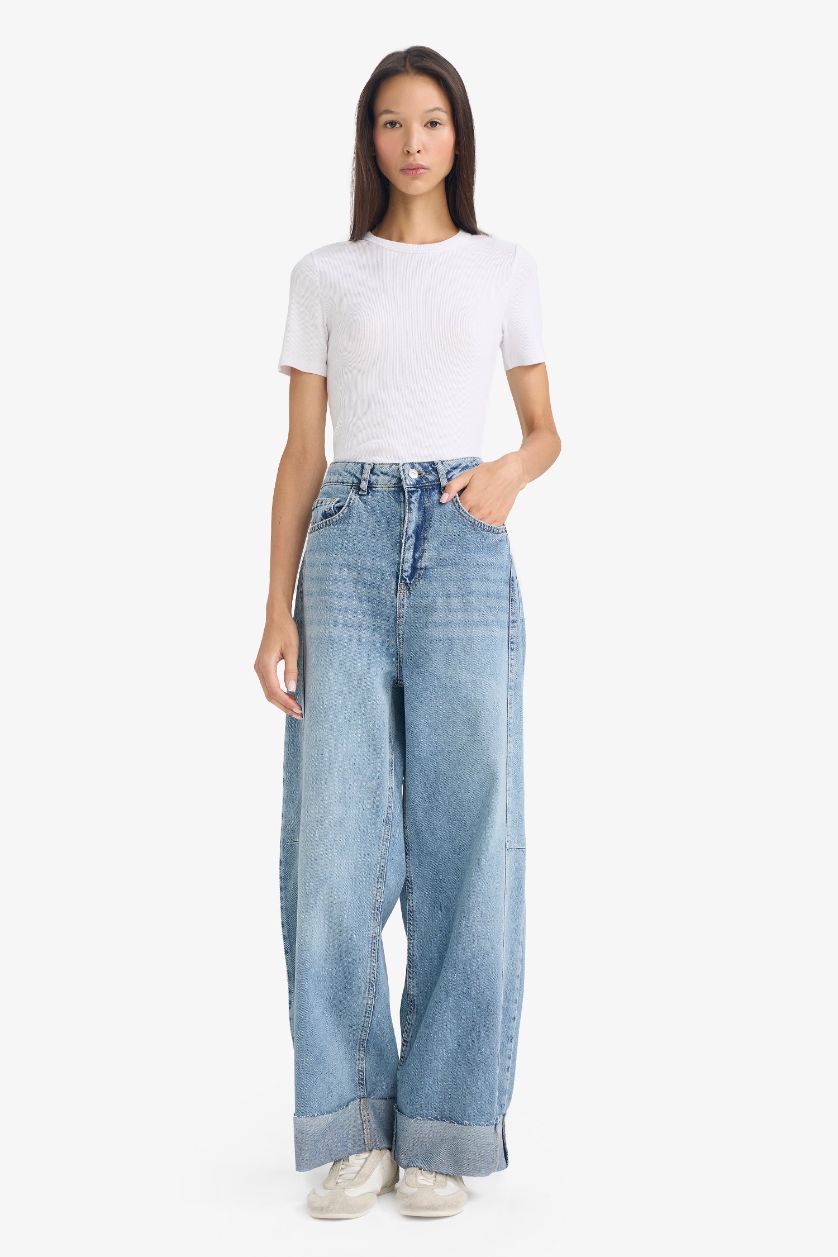 WOMAN Light Blue Barrel Fit High Waist Denim Trousers