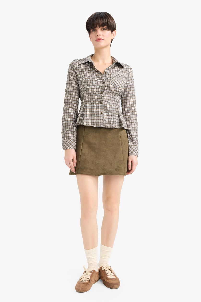 Woman Khaki A Cut Suede Normal Waist Knitted Skirt