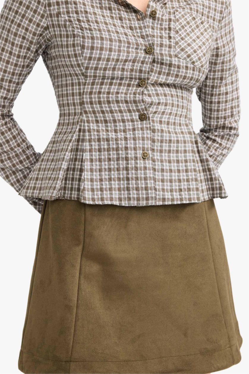 Woman Khaki A Cut Suede Normal Waist Knitted Skirt