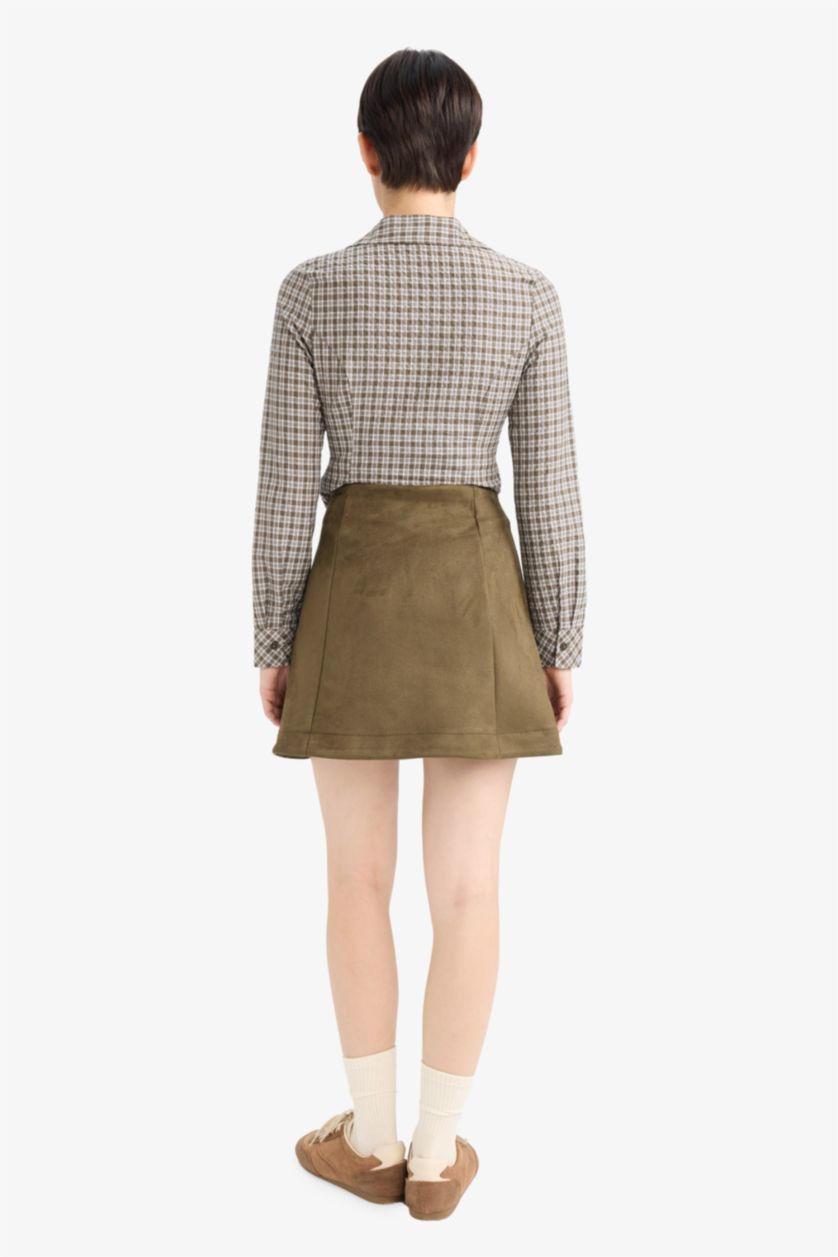 Woman Khaki A Cut Suede Normal Waist Knitted Skirt