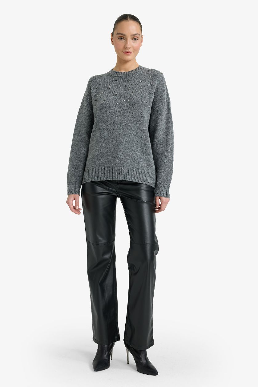 حريمي ميلانج رمادي بلوفر تريكو مطرز اوفر سايز برقبة مستديرة