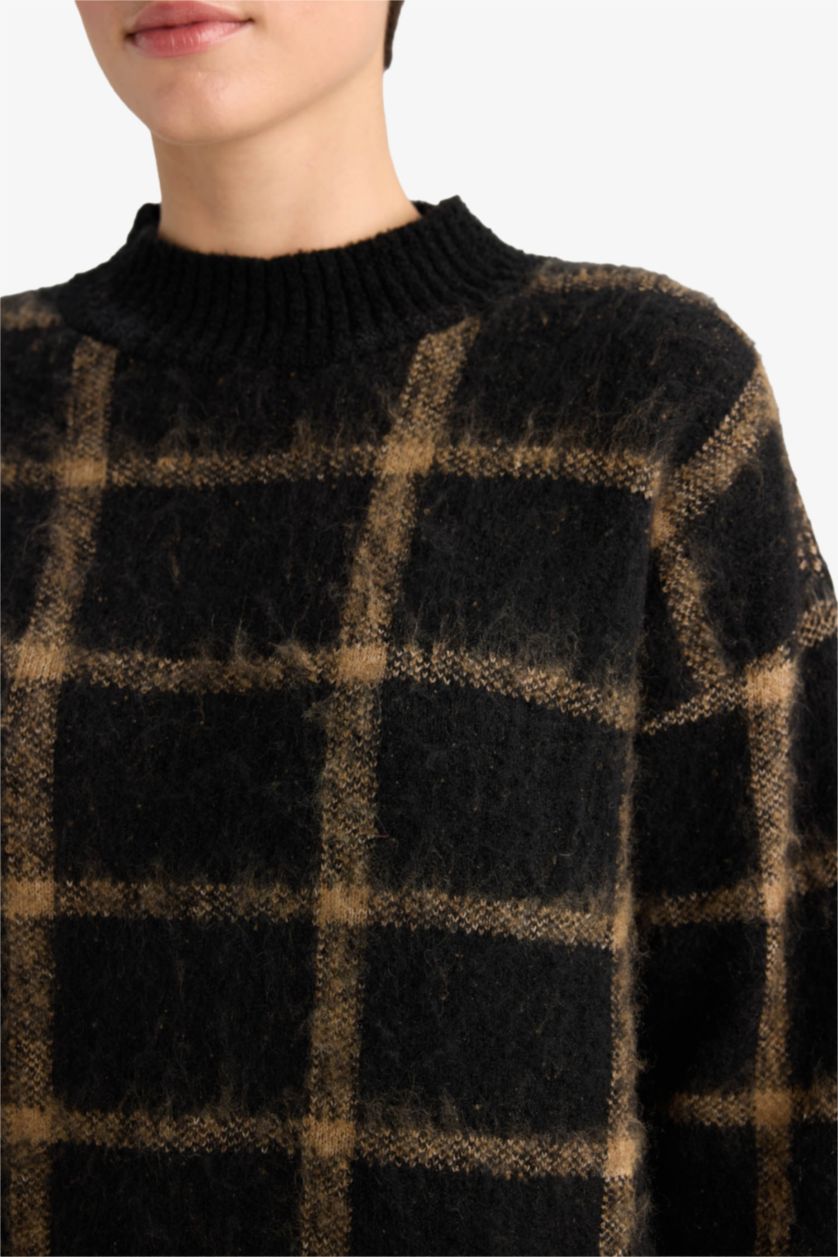 WOMAN Black Oversize Fit Half Turtleneck Plaid Knitwear Pullover