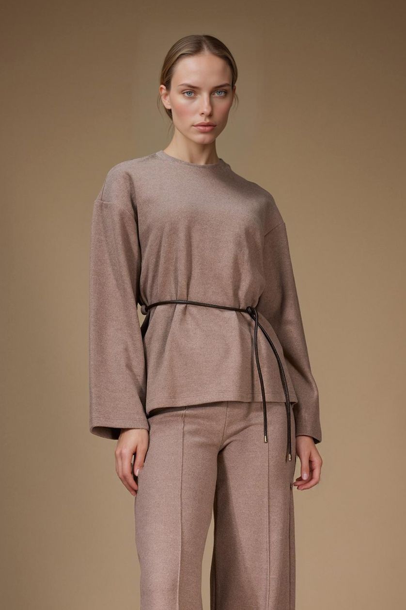 Kadın Bej Regular Fit Bisiklet Yaka Bağlama Detaylı Selanik Uzun Kollu Bluz