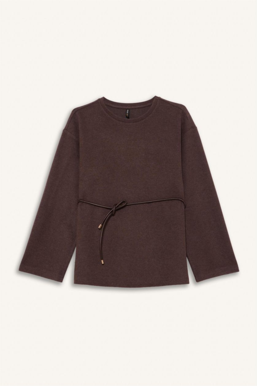 Kadın Kahve Regular Fit Bisiklet Yaka Bağlama Detaylı Selanik Uzun Kollu Bluz