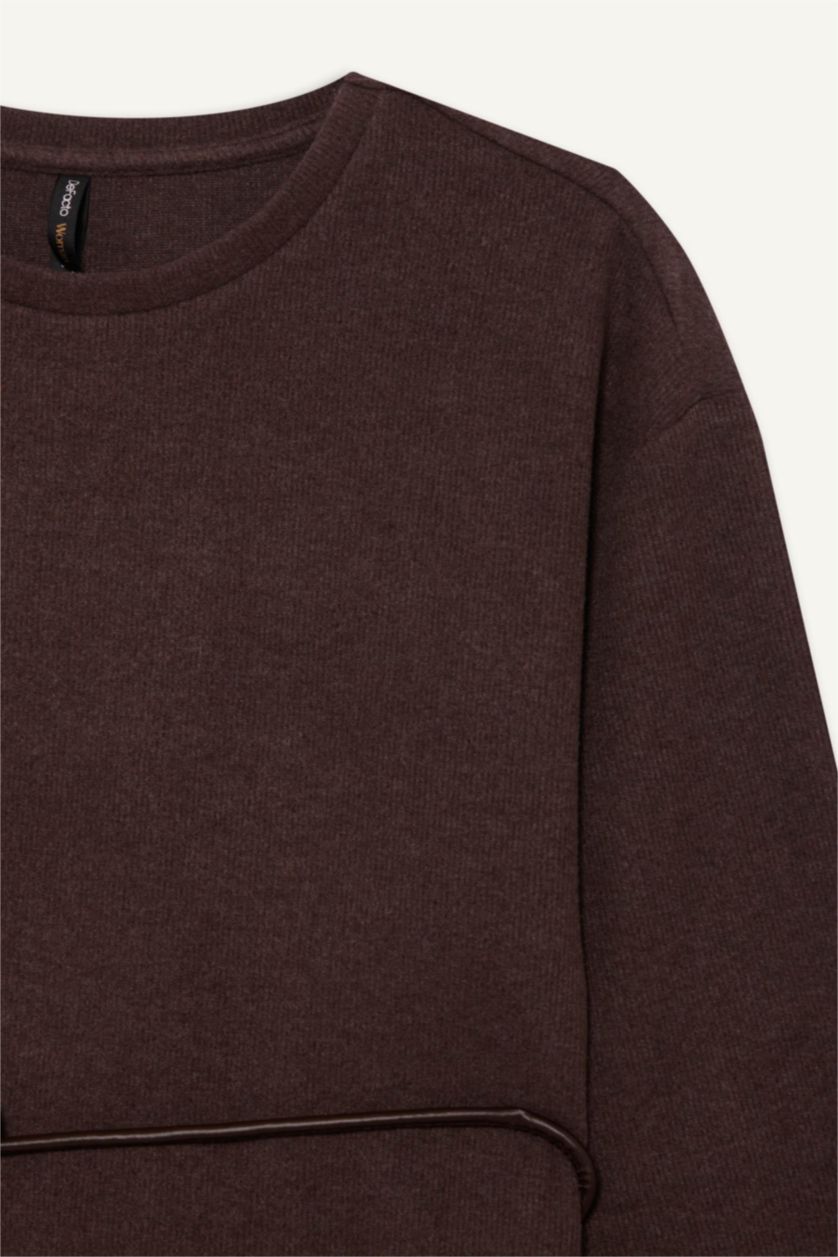 Kadın Kahve Regular Fit Bisiklet Yaka Bağlama Detaylı Selanik Uzun Kollu Bluz