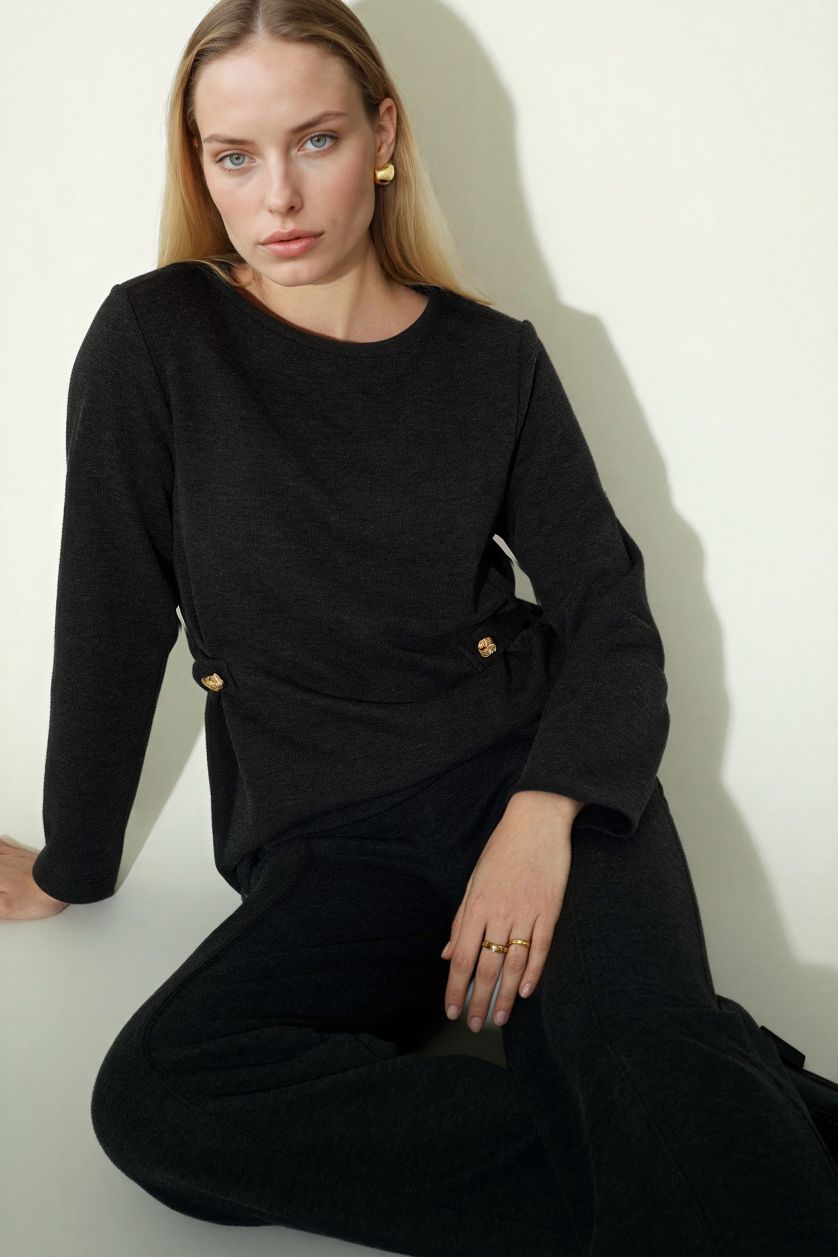 Kadın Antrasit Regular Fıt Kayık Yaka Pike Uzun Kollu Tişört